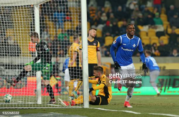 Joevin Jones of Darmstadt celebrates after scoring his team`s first goal during the Second Bundesliga match between SG Dynamo Dresden and SV...