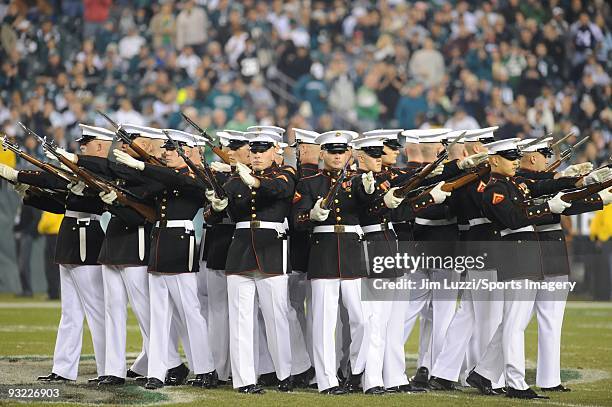 The Marine Corps Silent Drill Platoon performs at halftime during a NFL game between the Dallas Cowboys and the Philadelphia Phillies on November 8,...