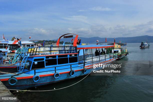 Port of the ship for the crossing of the lake on the island of Samosir. Lake Toba is the largest volcanic lake in Southeast Asia. The lake is located...