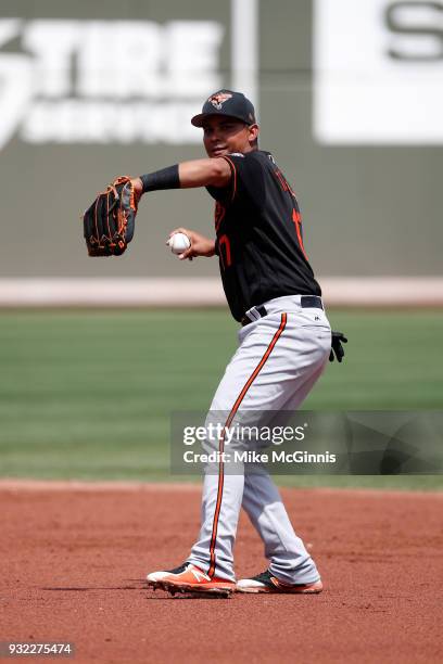 Ruben Tejada of the Baltimore Orioles throws in the infield during the Spring Training game against the Boston Red Sox at Jet Blue Park on March 11,...