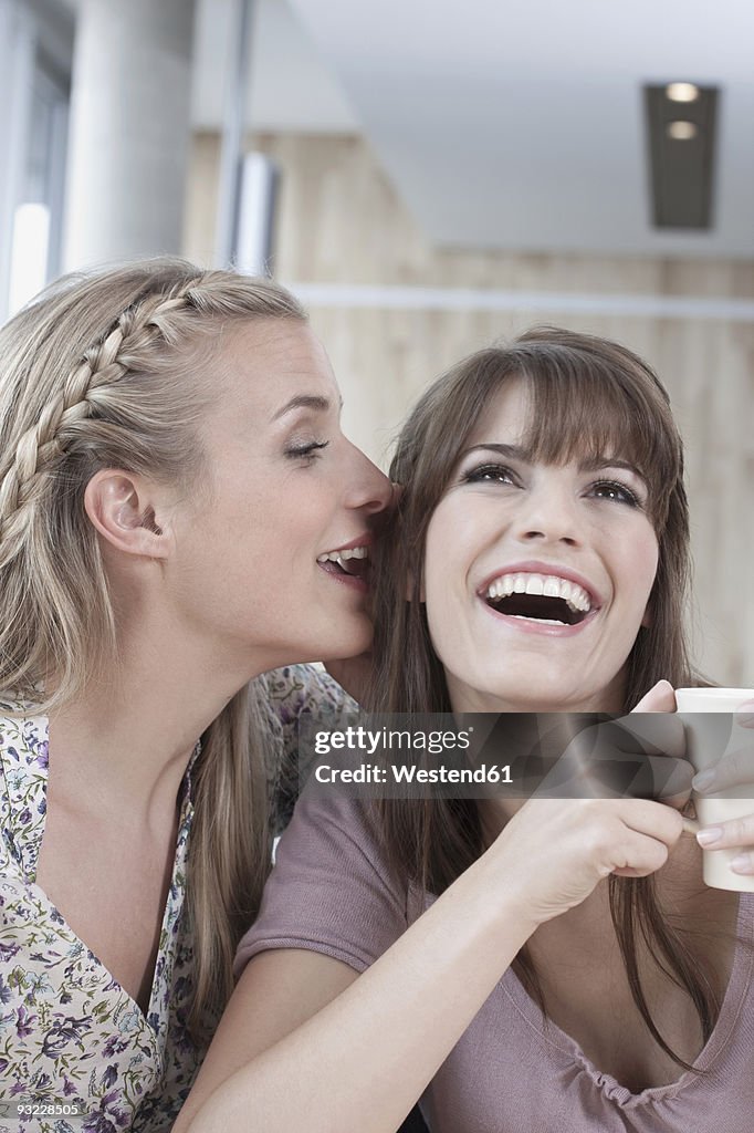 Germany, Cologne, Young women in cafe, having fun