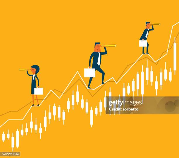 business people standing on diagram - line graph vector stock illustrations