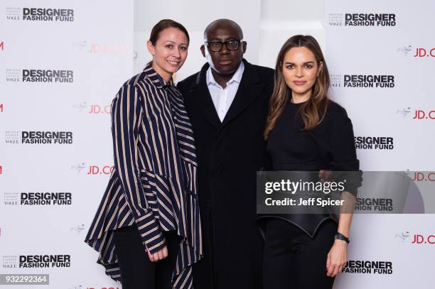 Caroline Rush , Edward Enninful and Maria Hatzistefanis during the final judging day of the BFC/Vogue Designer Fashion Fund at Mortimer House on...