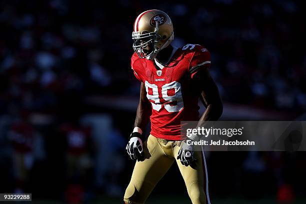 Manny Lawson of the San Francisco 49ers looks on against the Tennessee Titans during an NFL game on November 8, 2009 at Candlestick Park in San...