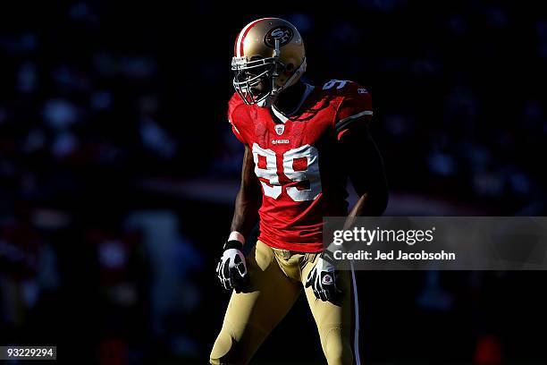 Manny Lawson of the San Francisco 49ers looks on against the Tennessee Titans during an NFL game on November 8, 2009 at Candlestick Park in San...