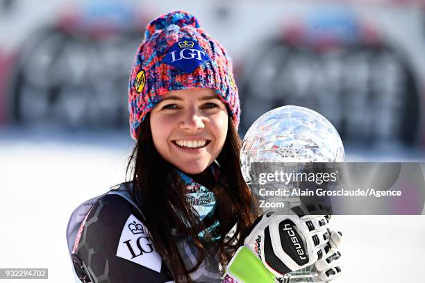 Tina Weirather of Liechtenstein wins the globe in the women super G standing during the Audi FIS Alpine Ski World Cup Finals Men's and Women's Super...