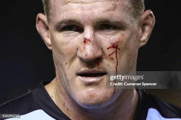 Paul Gallen of the Sharks looks on during the round two NRL match between the Cronulla Sharks and the St George Illawarra Dragons at Southern Cross...