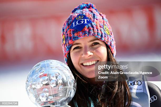 Tina Weirather of Liechtenstein wins the globe in the women super G standing during the Audi FIS Alpine Ski World Cup Finals Men's and Women's Super...