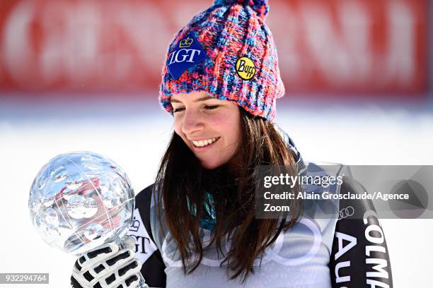 Tina Weirather of Liechtenstein wins the globe in the women super G standing during the Audi FIS Alpine Ski World Cup Finals Men's and Women's Super...