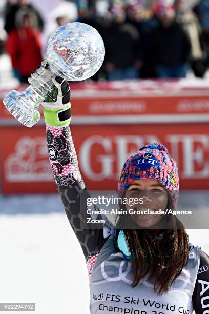 Tina Weirather of Liechtenstein wins the globe in the women super G standing during the Audi FIS Alpine Ski World Cup Finals Men's and Women's Super...