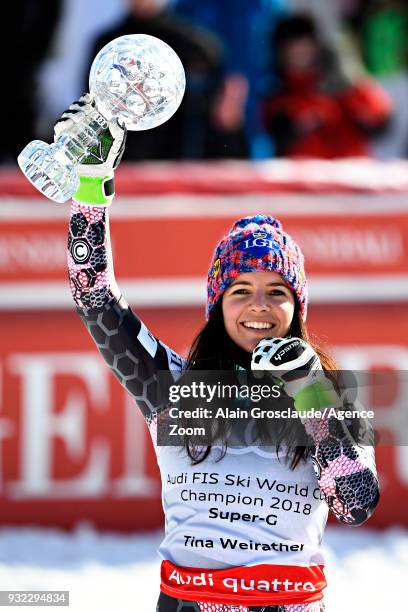 Tina Weirather of Liechtenstein wins the globe in the women super G standing during the Audi FIS Alpine Ski World Cup Finals Men's and Women's Super...