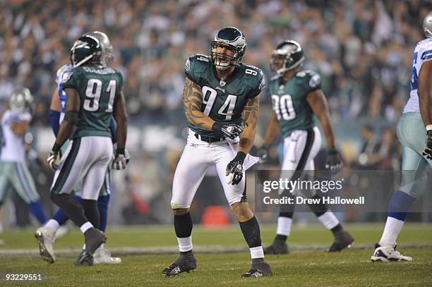 Defensive end Jason Babin of the Philadelphia Eagles celebrates during the game against the Dallas Cowboys on November 8, 2009 at Lincoln Financial...