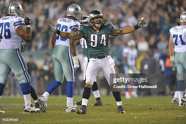 Defensive end Jason Babin of the Philadelphia Eagles celebrates during the game against the Dallas Cowboys on November 8, 2009 at Lincoln Financial...