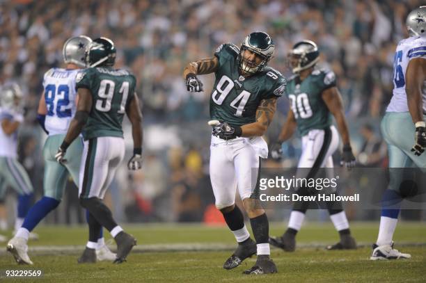 Defensive end Jason Babin of the Philadelphia Eagles celebrates during the game against the Dallas Cowboys on November 8, 2009 at Lincoln Financial...