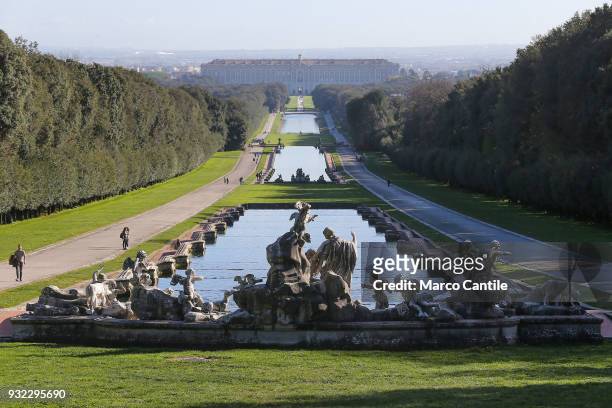View of the avenue, with fountains and pools, in the park of the Royal Palace of Caserta.