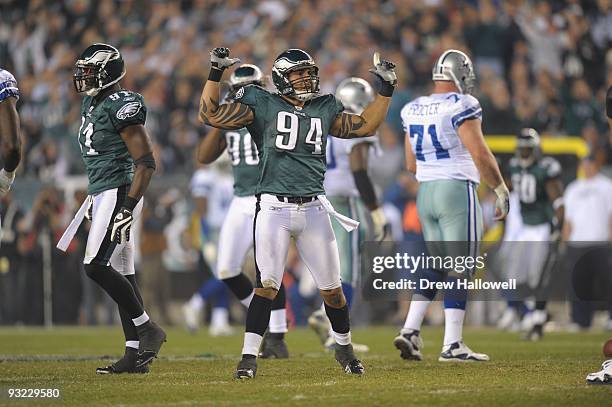 Defensive end Jason Babin of the Philadelphia Eagles celebrates during the game against the Dallas Cowboys on November 8, 2009 at Lincoln Financial...