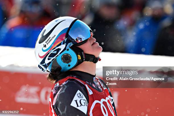 Tina Weirather of Liechtenstein celebrates during the Audi FIS Alpine Ski World Cup Finals Men's and Women's Super G on March 15, 2018 in Are, Sweden.