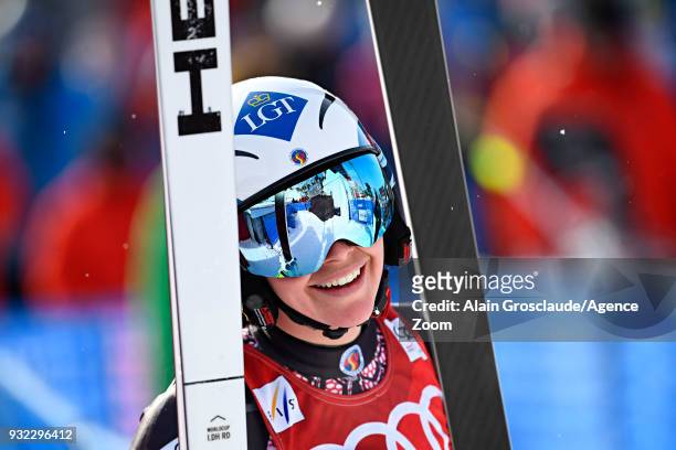 Tina Weirather of Liechtenstein celebrates during the Audi FIS Alpine Ski World Cup Finals Men's and Women's Super G on March 15, 2018 in Are, Sweden.