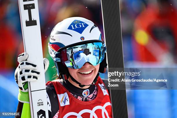 Tina Weirather of Liechtenstein celebrates during the Audi FIS Alpine Ski World Cup Finals Men's and Women's Super G on March 15, 2018 in Are, Sweden.