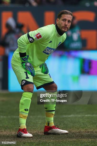 Goalkeeper Oliver Baumann of Hoffenheim looks on during the Bundesliga match between FC Augsburg and TSG 1899 Hoffenheim at WWK Arena on March 03,...