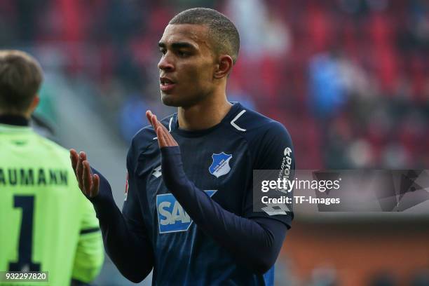 Kevin Akpoguma of Hoffenheim claps after the Bundesliga match between FC Augsburg and TSG 1899 Hoffenheim at WWK Arena on March 03, 2018 in Augsburg,...
