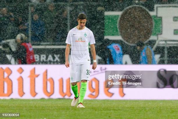 Marco Friedl of Bremen looks dejected during the Bundesliga match between Borussia Moenchengladbach and SV Werder Bremen at Borussia-Park on March 2,...