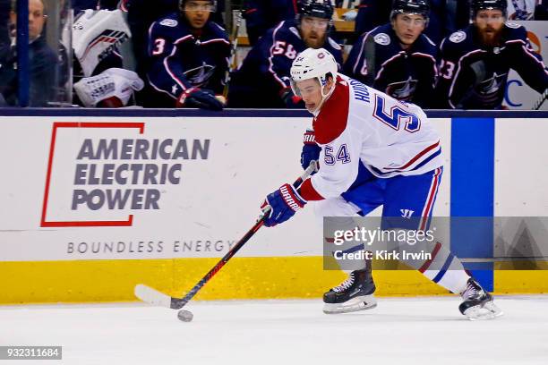 Charles Hudon of the Montreal Canadiens controls the puck during the game against the Columbus Blue Jackets on March 12, 2018 at Nationwide Arena in...