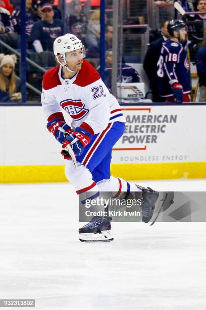 Karl Alzner of the Montreal Canadiens skates after the puck during the game against the Columbus Blue Jackets on March 12, 2018 at Nationwide Arena...