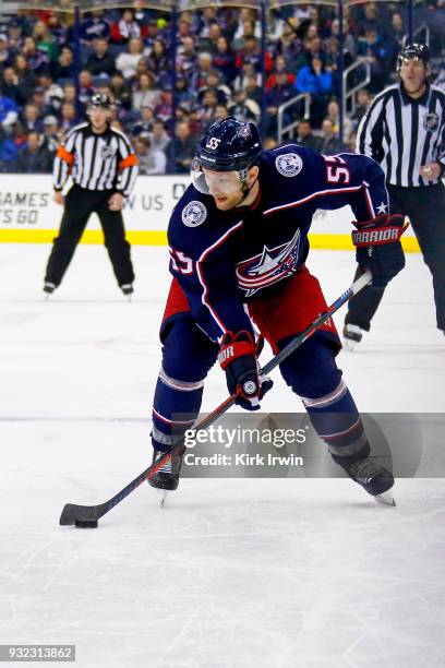 Mark Letestu of the Columbus Blue Jackets controls the puck during the game against the Montreal Canadiens on March 12, 2018 at Nationwide Arena in...