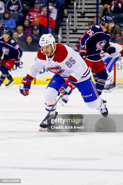 Andrew Shaw of the Montreal Canadiens skates after the puck during the game against the Columbus Blue Jackets on March 12, 2018 at Nationwide Arena...