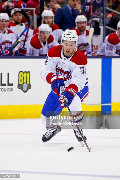 Charles Hudon of the Montreal Canadiens controls the puck during the game against the Columbus Blue Jackets on March 12, 2018 at Nationwide Arena in...