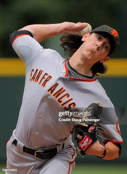 Starting pitcher Tim Lincecum of the San Francisco Giants pitches against the Colorado Rockies at Coors Field on August 23, 2009 in Denver, Colorado....