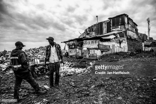 Hotel for pickers at the Dandora rubbish dump on March 14, 2018 in Nairobi, Kenya. The Dandora landfield is located 8 Kilometer east of the city...