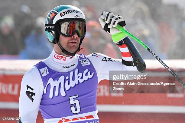 Vincent Kriechmayr of Austria celebrates during the Audi FIS Alpine Ski World Cup Finals Men's and Women's Super G on March 15, 2018 in Are, Sweden.