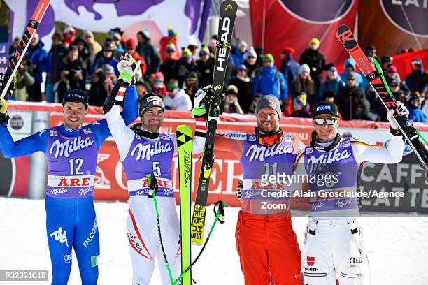 Christof Innerhofer of Italy takes 2nd place, Vincent Kriechmayr of Austria takes 1st place, Aksel Lund Svindal of Norway takes 3rd place, Thomas...