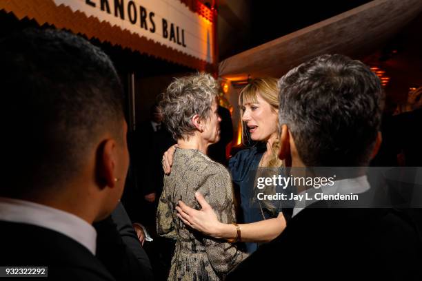 March 4, 2018--Best Actress Oscar winner Frances McDormand, center left, talks with Elvira Lind, as the actress discusses not being able to find her...