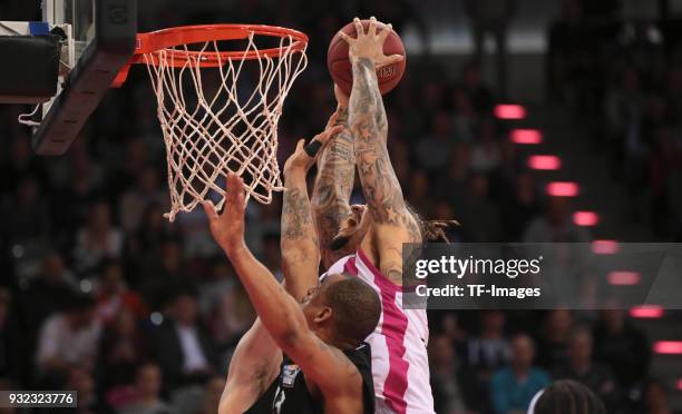 Julian Gamble of Bonn attemps a dunk during the Basketball Bundesliga match between Telekom Baskets Bonn and Science City Jena at Telekom Dome on...