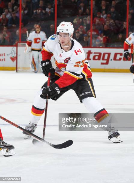 Sean Monahan of the Calgary Flames stickhandles the puck against the Ottawa Senators at Canadian Tire Centre on March 9, 2018 in Ottawa, Ontario,...