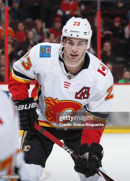 Sean Monahan of the Calgary Flames skates against the Ottawa Senators at Canadian Tire Centre on March 9, 2018 in Ottawa, Ontario, Canada.
