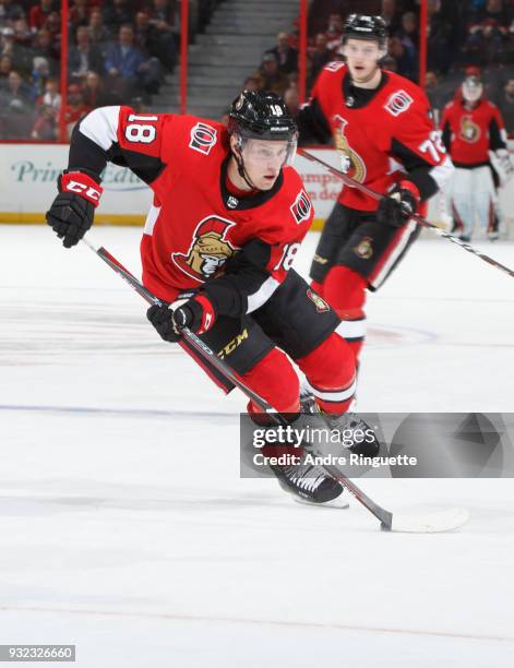 Ryan Dzingel of the Ottawa Senators skates against the Calgary Flames at Canadian Tire Centre on March 9, 2018 in Ottawa, Ontario, Canada.