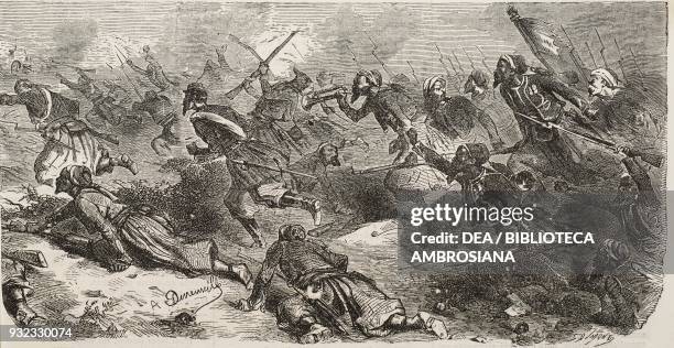 Zouaves and Tuscon troops, battle scene, illustration from Il Giornale Illustrato, No 9, July 30-August 5, 1864.