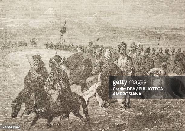 Kurdish riders crossing the Tigris river, illustration from Il Giornale Illustrato, No 24, November 11-17, 1864.