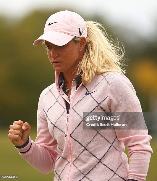 Suzann Pettersen of Norway celebrates a birdie putt on the tenth hole during the first round of the LPGA Tour Championship presented by Rolex at the...