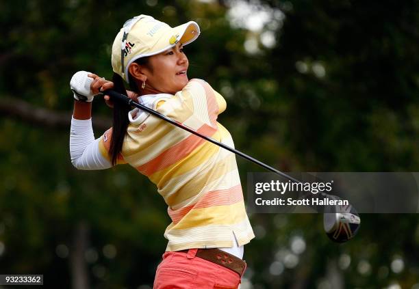 Ai Miyazato of Japan hits her tee shot on the 11th hole during the first round of the LPGA Tour Championship presented by Rolex at the Houstonian...