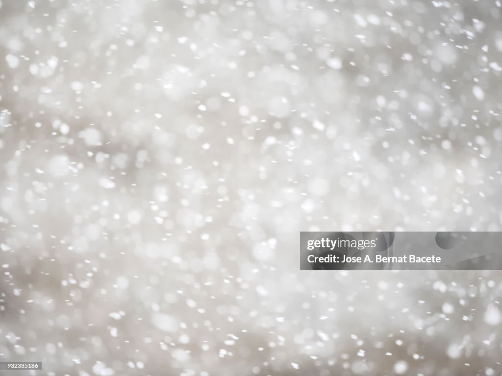 Full frame snowstorm, looking at the sky with gray clouds.