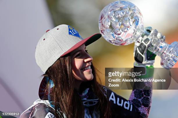 Tina Weirather of Liechtenstein wins the globe in the women super G standing during the Audi FIS Alpine Ski World Cup Finals Men's and Women's Super...
