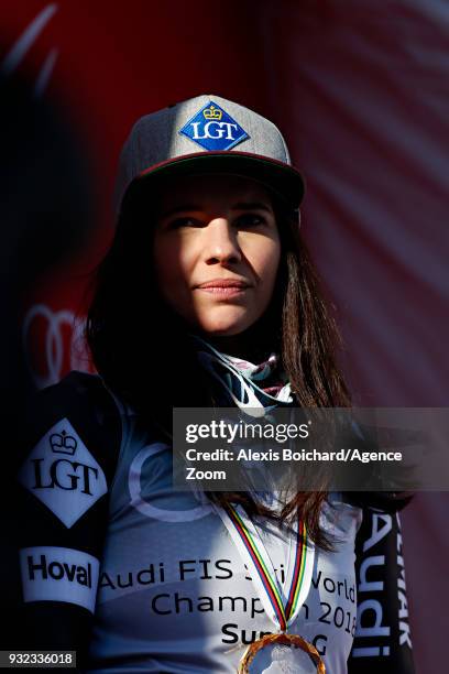 Tina Weirather of Liechtenstein wins the globe in the women super G standing during the Audi FIS Alpine Ski World Cup Finals Men's and Women's Super...