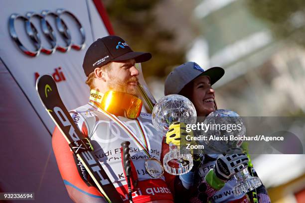 Kjetil Jansrud of Norway wins the globe in the men super G standing, Tina Weirather of Liechtenstein wins tthe globe in the women super G standing...