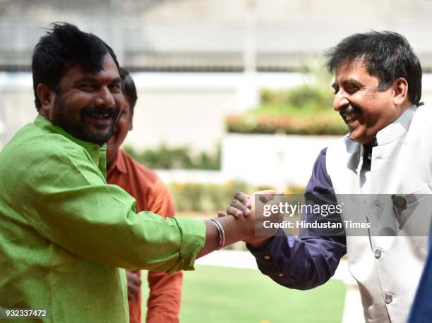 Shiv Sena MLA Hemant Patil and MIM MLA Imtiaz Jaleel during the Maharashtra State Assembly, Vidhan Bhavan, on March 14, 2018 in Mumbai, India. The...