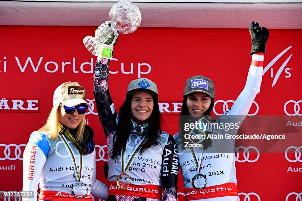 Lara Gut of Switzerland takes 2nd place, Tina Weirather of Liechtenstein wins the globe in the women super G standing, Anna Veith of Austria takes...